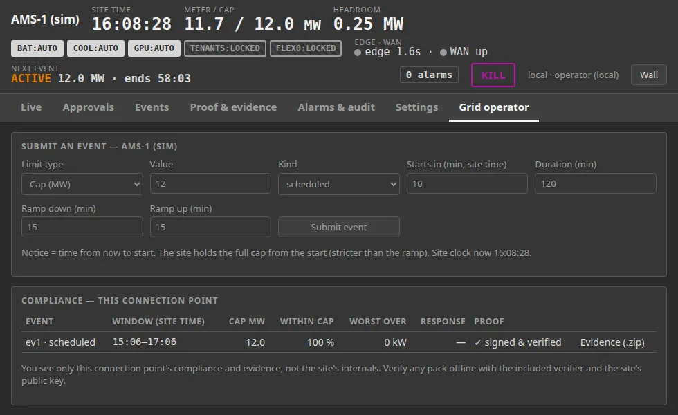 GridPass operator console: grid operator view with compliance per event and evidence packs